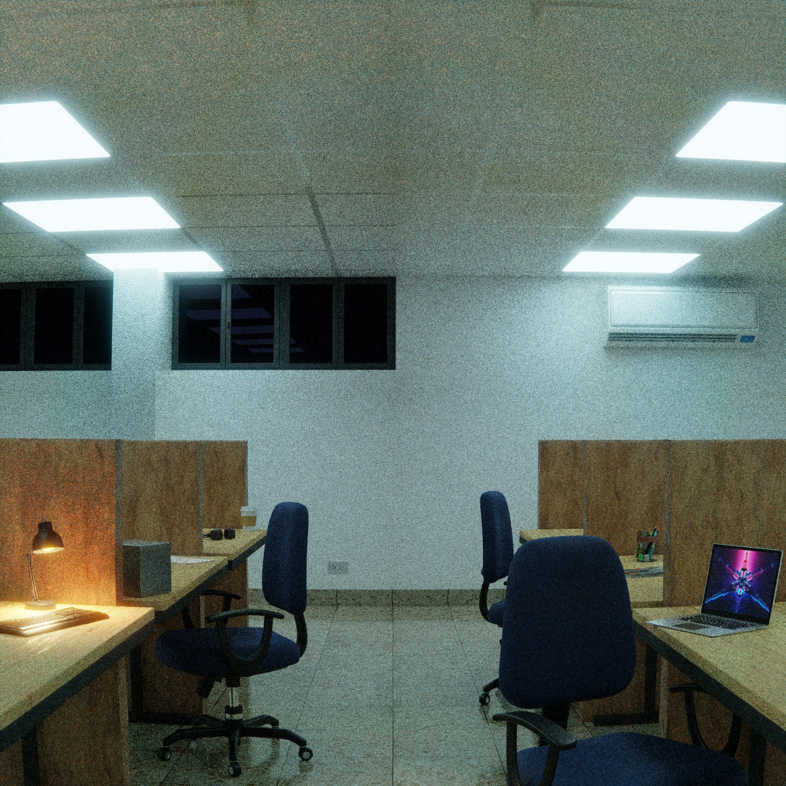 A dimly lit modern office with cubicles and chairs, featuring LED lights.